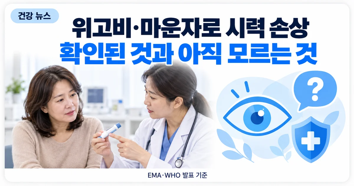 진료실에서 주사 펜 사용법과 주의 증상을 설명하는 의사와 눈 아이콘
