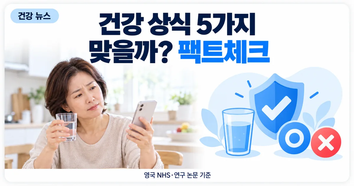 식탁에서 컵을 든 사람 옆으로 맞다·아니다 판정 아이콘이 놓인 건강 상식 팩트체크 안내