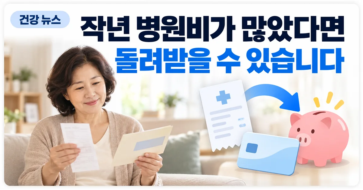 병원 영수증과 안내문을 확인하는 여성과 환급 화살표, 저금통