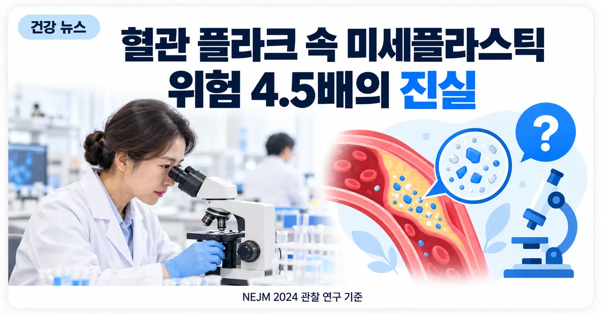 현미경으로 혈관 조직 표본을 살피는 연구원과 미세플라스틱 입자 아이콘