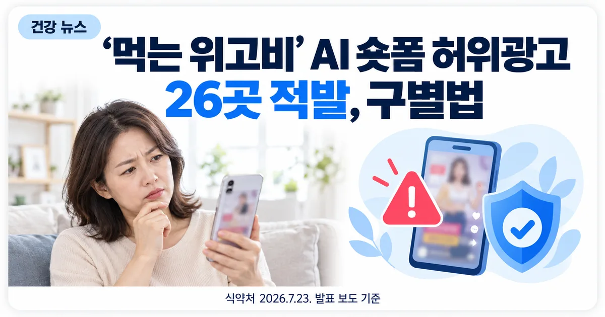 스마트폰 숏폼 광고 화면을 확인하며 의심스러워하는 소비자와 경고 아이콘
