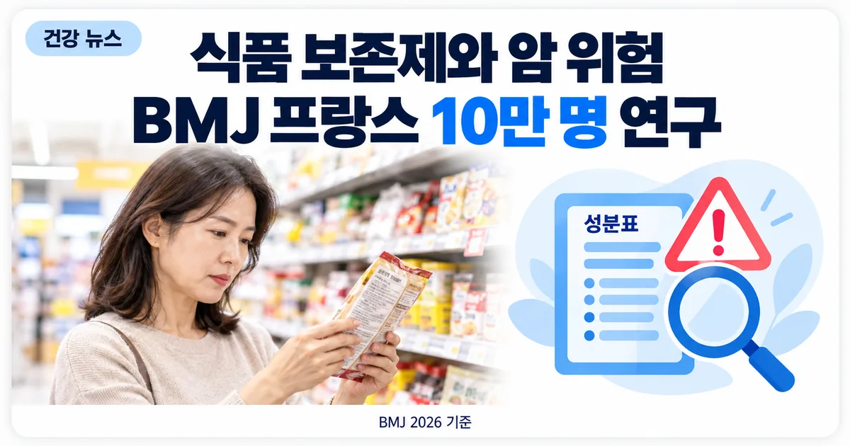 마트에서 식품 포장의 첨가물 표시를 읽는 소비자와 경고 아이콘