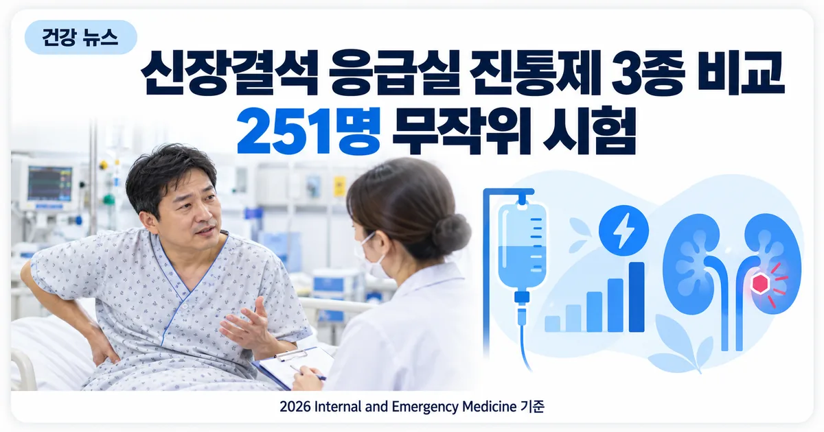 응급실에서 옆구리 통증을 설명하는 환자와 진통제 수액, 통증 점수 그래프