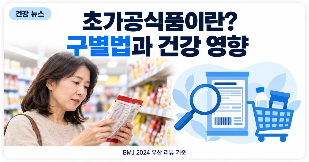 마트 진열대에서 식품 포장지의 원재료명을 확인하는 사람과 돋보기 아이콘