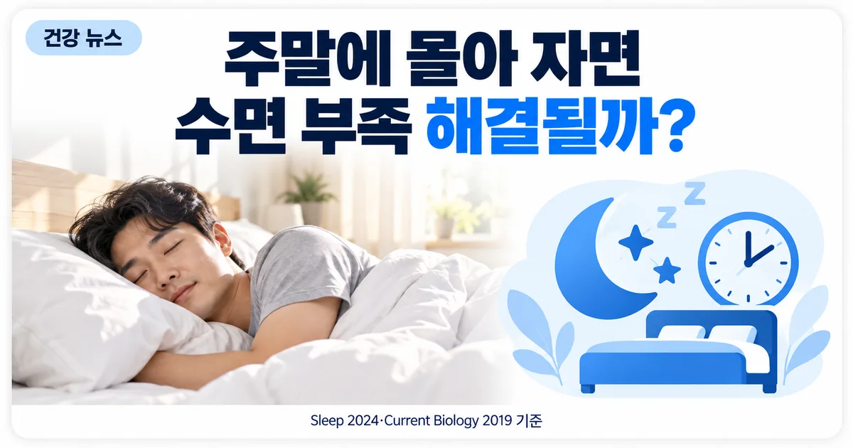 일요일 아침 늦게까지 이불 속에서 자는 사람과 침대 옆 시계로 주말 보충 수면을 안내하는 모습